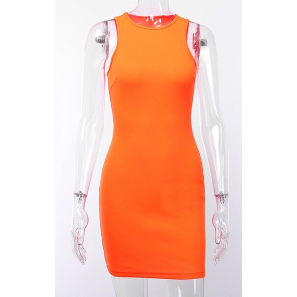🧡Orange Rib Knit Sleeveless Bodycon Dress - Picture 4 of 8